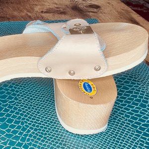 Dr. Scholl's "The Original" Wooden Sole Slide Sandal Tan / Nude Leather Size 6M